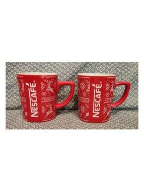 2 ~ Red Nescafe Christmas Sweater Print Mugs